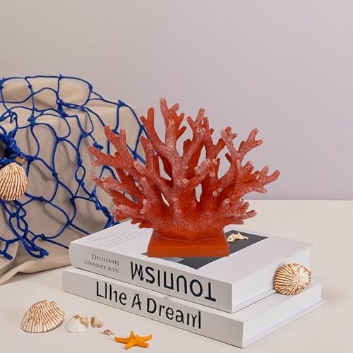 5.8" H Red Orange Coral Decor - Resin Coral Statue, Nautical Decor for Home, Bedroom, Bathroom, Living Room, Ocean Themed Cabinet Shelf Tabletop Decoration - Image 3