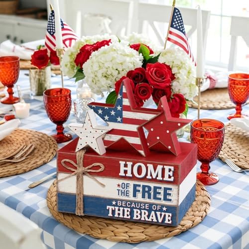 Geelin 4 Pcs Veterans Day Patriotic Table Decoration Wooden Book Stack Sign - Image 6