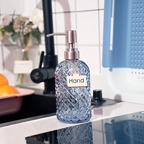 16 oz Diamond Pattern Glass Soap Dispenser, Kitchen and Bathroom Refillable Soap Dispenser with Rust Resistant Stainless Steel Pump for Hand Soap, Lotion Glass Liquid Dispenser(Blue - 2 Pack) - Image 2