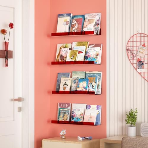 upsimples 4 Pcs 15" Acrylic Shelves for Wall Decor and Display, Red - Image 4