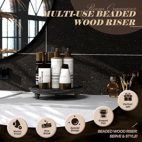 EOSAHR Round Wood Riser with Beads for Bathroom Decor, Distressed Black - Image 5
