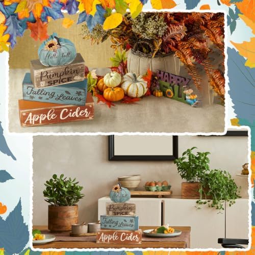 4 Pcs Fall Teal Decor for Home Fall Pumpkin Wooden Sign with Sunflower - Image 6