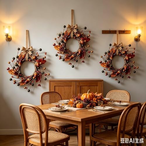 6 Pcs Mini Fall Hanging Wreaths for Cabinets Small Candle Rings Wreath Pillar Holder Wreath with Acorn Berry Autumn Leaves Harvest Wreaths for Farmhouse Porch Front Door Window - Image 2