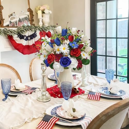 4PCS Patriotic Artificial Flowers Mixed Bush Red White Blue Rose Tulip Flowers Memorial Day Flower Bouquet for 4th of July Independence Day Grave Home Table Decoration - Image 4