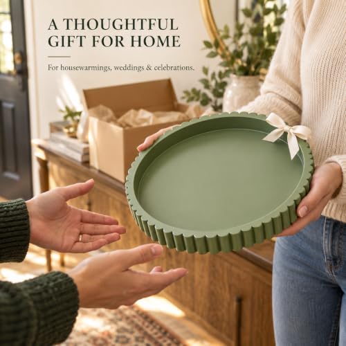 Handmade 12in Decorative Tray for Coffee Table Tray Decor, Green Wooden Decorative Round Tray for Kitchen, Living Room, Home Decor - Image 6