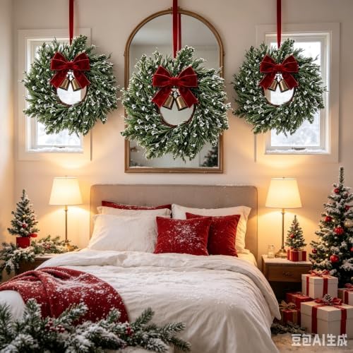 4 Set Christmas Hanging Wreaths Small Snow Flocked Artificial Cedar Wreaths with Red Velvet Ribbon Bronze Bells Mini Faux Greenery Wreath for Front Door Porch Cabinet Window Xmas Holiday Decorations - Image 6