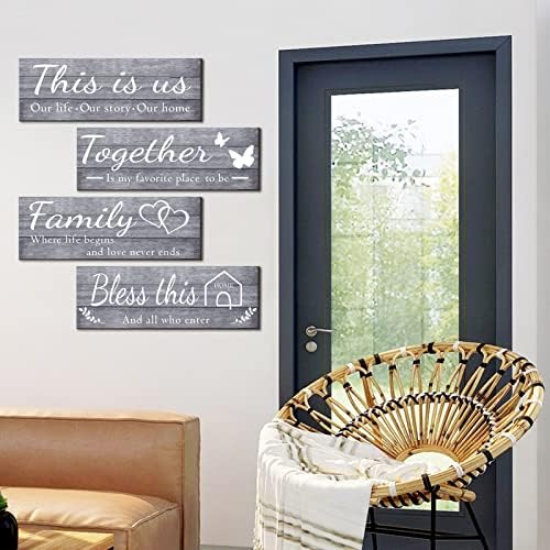 Joyhawk 4 Pieces Wall Decor Signs, THIS IS US, TOGETHER, BLESS THIS HOME, FAMILY Rustic Wooden Farmhouse Wall Art Décor For Living Room Bedroom Kitchen, , 4.7 x 13.8 Inch(Grey) - Image 4