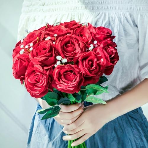 10pcs Red Roses Artificial Flowers Fake Rose Bouquet with Stem Silk Flower - Image 4