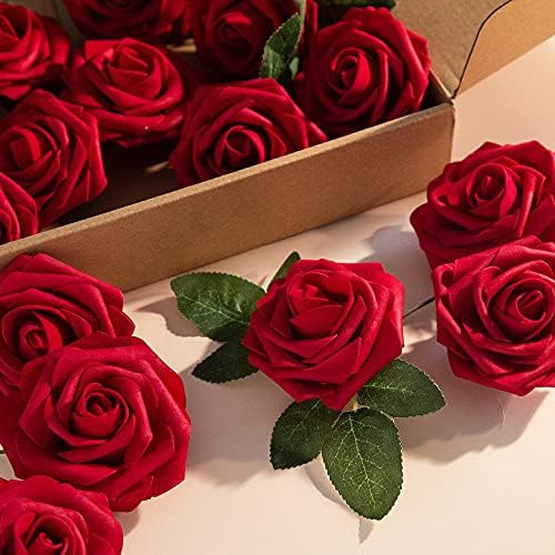 Artificial Flower Foam Rose 25pcs Real Looking Fake Rose with Stems Leaves for Home Decoration Party Garden Centerpieces DIY Wedding Bouquets（Dark Red） - Image 7