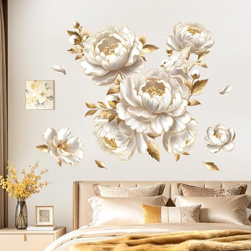 decalmile 3D White Gold Flower Peony Floral Sofa Wall Decals Stickers by decalmile