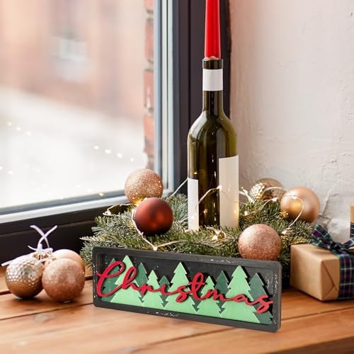 Vintage Christmas Decorations for Office, Home, Table, Mantel, Shelf, Desk, 3 1/2 x 11 Inch Retro Xmas Tree Sign, Wooden Christmas Decor Sign, Farmhouse Red and Green Decoration (Trees) - Image 6