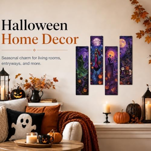 Retro Halloween Decor,4 Pcs Halloween Hanging Signs,Rustic Wood Wall Decor - Image 4