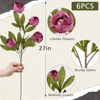 Waipfaru 6 Pcs Faux Peonies Artificial Flowers for Vase, 27"- Warm Pink - Image 3