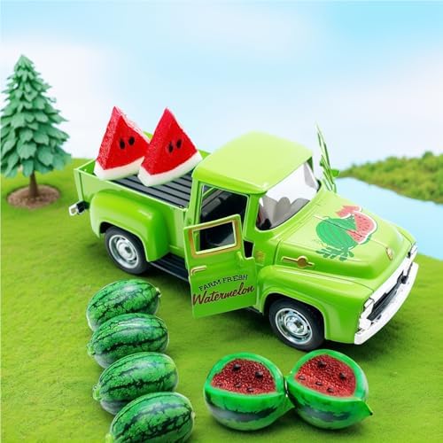 Watermelon Decor, 5.7-Inch Vintage Green Metal Pickup Truck with Resin Watermelons, Summer Tiered Tray Decor for Farmhouse Kitchen Table Shelf Mantel Party Centerpiece - Image 5