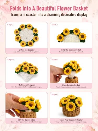 Crochet Flower Bouquet Coasters, Cotton Sunflower Gifts for Home Decor - Image 3