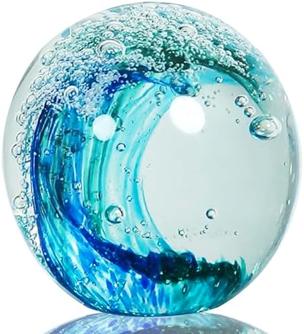 Hand Blown Ocean Wave Glass Ball ：Unique Gift for Beach Lovers，Beach Decorations for Home, Sea Glass Paperweight for Coastal Room Decor, Aquarium & Ocean Themed Decorations by HandBlownGlassArt