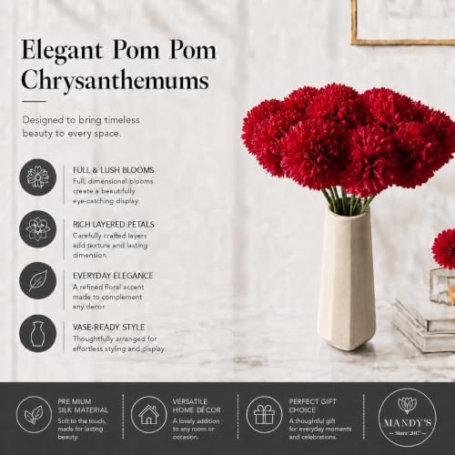 Mandy's 12pcs Artificial Red Ball Chrysanthemum Flowers - Image 2