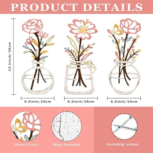 ARTINME 3 Pieces Metal Flowers Wall Arts - Rustic Farmhouse Decor Minimalist Flower Wall Decors for Living Room Bathroom Kitchen Bedroom Dining Room - Housewarming Gifts (Beige) - Image 2