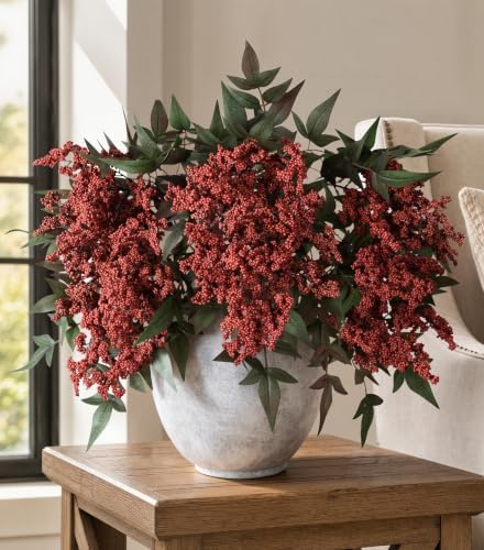 Artificial Flowers 35 Inch Artificial Nandina Berry Stem 3 Pcs Faux Flowers for Vase Realistic Sedum Spray for DIY Bouquet, Shower, Farmhouse, Mantel, Home Decor(Burgundy) - Image 3