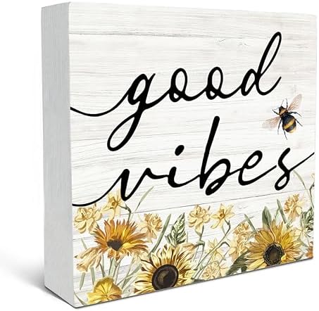 SRADMO Inspirational Bee and Sunflower Decor Wood Box Sign Desk Decor, Summer Rustic Wooden Block Box Sign Decoration For Home Office Shelf Table Decorative Accessories by SRADMO