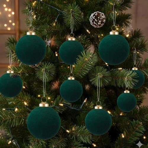 46Pcs Velvet Christmas Ball Ornaments Set - Flocked Shatterproof Christmas Tree Decorations Classic Hanging Ornaments with Rope for Xmas Wreath Holiday Home Decor (Multi-Size, Dark Green) - Image 5