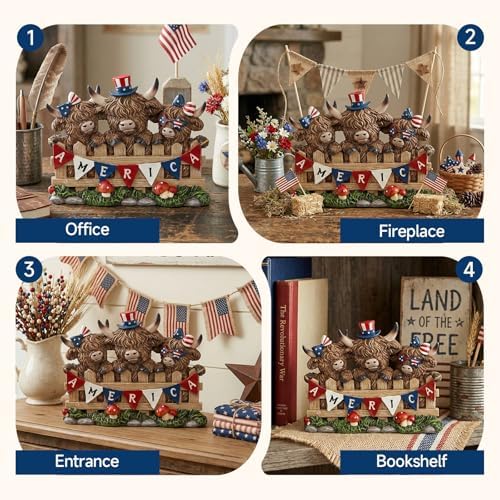 5.71inch Highland Cow 4th of July Decor, Peeking Over Fence with Red Blue White America Banner, Rustic Resin Figurine for Farmhouse Table Decoration, US 250th Independence Patriotic Memorial Day Gift - Image 5