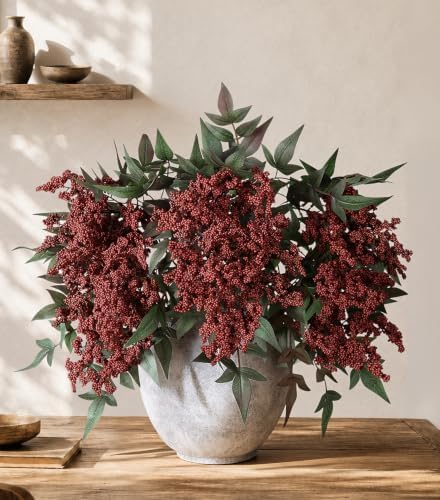 Artificial Flowers 35 Inch Artificial Nandina Berry Stem 3 Pcs Faux Flowers for Vase Realistic Sedum Spray for DIY Bouquet, Shower, Farmhouse, Mantel, Home Decor(Burgundy) by FancyPlus