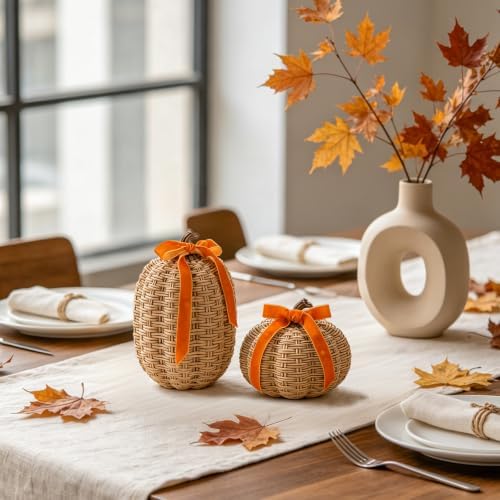 DN DECONATION Fall Pumpkin Decor, Fake Rattan Pumpkin Decorations for Home - Image 2