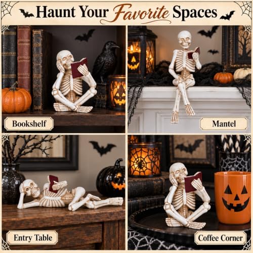 3 Piece Halloween Indoor Decor Figurines Sitting Skeleton Statue Halloween Decorations mini Reading Skull Figurine Home Decor for Living Room Table Shelf Ornament - Image 6