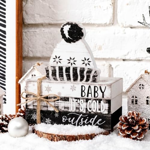 Geelin 4 Pcs Winter Cozy Table Decoration Wooden Book Stack Sign - Image 2