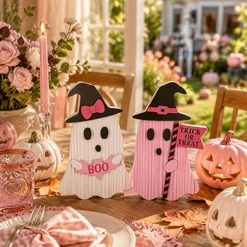 Valery Madelyn Pink Halloween Decor, Set of 2 Cute Halloween Ghost Decor, Witch Hat Boo & Trick or Treat Wooden Tabletop Signs for Home, Shelf, Tiered Tray Party Display, 5 Inch - Image 3