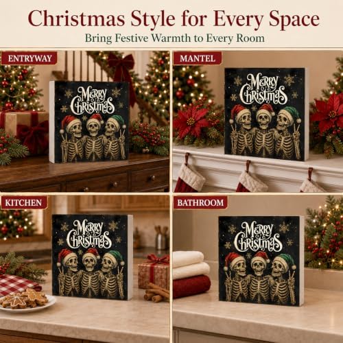 Christmas Decorations Gothic Funny Skeleton Santa Wooden Box Sign - Image 6
