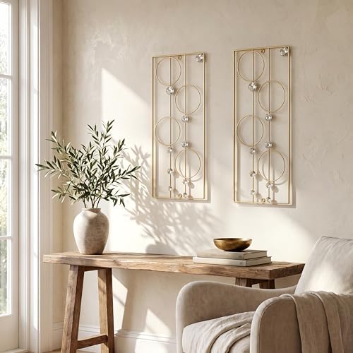 ZEXUIRU 2 Pcs. Abstract Metal Art for Wall Decor Living Room Bedroom Bathroom Office Metal Bling Modern Geometric Hanging Vertical Small Iron Sculpture Plaque Pack -Gold 24in by ZEXUIRU