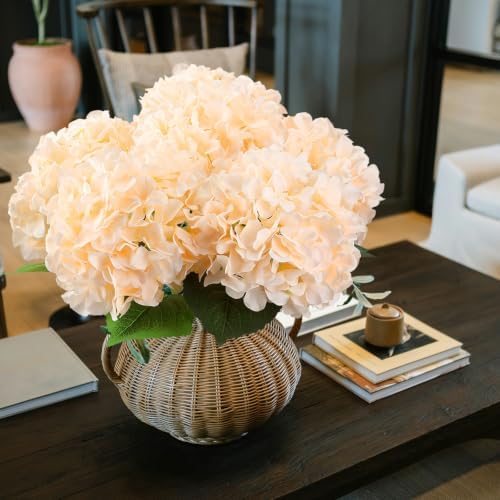 6PCS Large Silk Hydrangea Flowers, 20 in Full Faux Hydrangea Artificial Flowers with Stems Leaves for Fake Fall Bouquets Porch Party Wreath Anniversary Indoor Outdoor (Cream Champagne) - Image 4