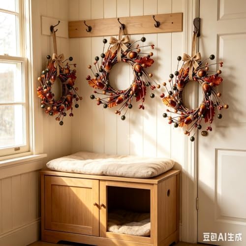 6 Pcs Mini Fall Hanging Wreaths for Cabinets Small Candle Rings Wreath Pillar Holder Wreath with Acorn Berry Autumn Leaves Harvest Wreaths for Farmhouse Porch Front Door Window - Image 6