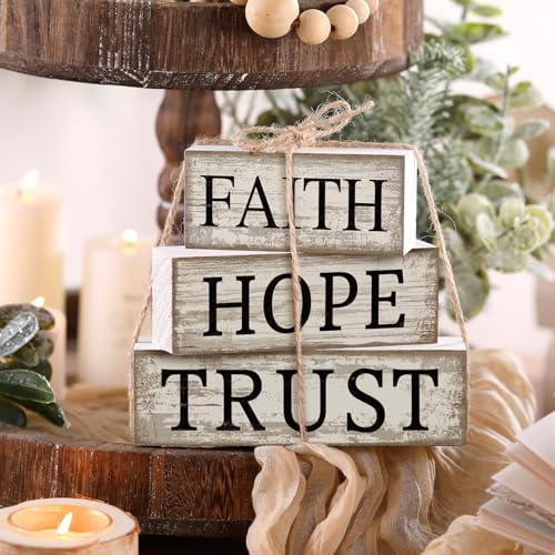 CroBlissful 4 Pcs Farmhouse Wooden Table Decor Christian Tiered Tray Decorations Rustic Religious Gift Block Sign Faith Hope Trust Table Centerpiece for Home Kitchen Living Room Shelf Mantle - Image 6