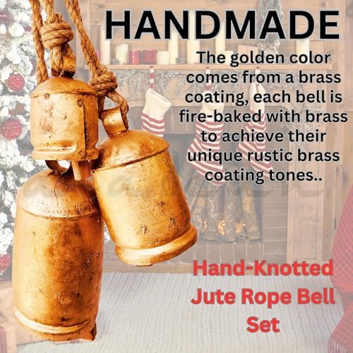 Decorative Cow Bells Set of 3 Large Harmony Bells - Vintage Giant Christmas Bells, Country Rustic Cowbell on Jute Rope XL Hanging Lucky Golden Bells (4"-6"-8") - Image 3