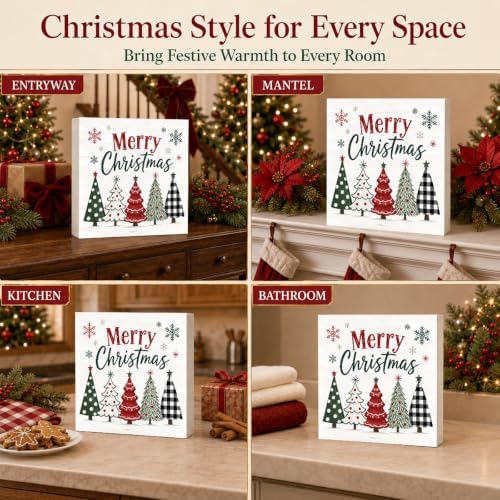 Christmas Decorations Plaid Tree Merry Christmas Wood Box Sign - Image 6