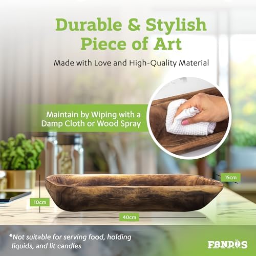 FANDOS Wooden Dough Bowl for Decor - 17¾ in Long Hand Carved Paulownia, Large Rustic Decorative Bowl for Home Table Centerpiece, Keys, Entryway Table, Catchall Tray & Wooden Dining Room Centerpiece - Image 4