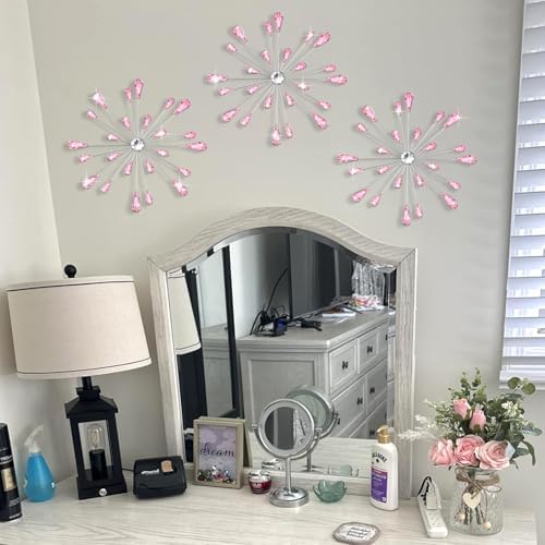 DXYAKY Set of 3 Pink Metal Starburst Wall Art Decor, Rhinestone Crystal Home Decor Accents, 11.8 Inch Decorative Wall Hanging Diamond, Jeweled Sparkle Wall Sculptures for Living Room Bedroom - Image 3