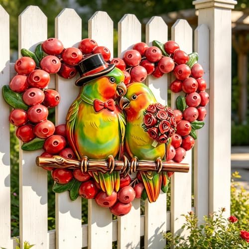 HONGLAND Heart Berry Wreath Lovebird Metal Wall Decor - Image 6