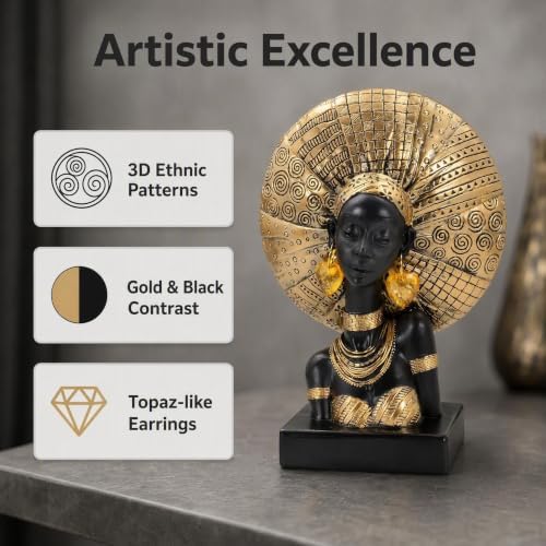 Lescafita African Woman Statue with Gold Sunburst Headdress – Resin Figurine with Tribal Jewelry, Afrocentric Home Decor Accent, Cultural Sculpture Gift for Women - Image 4