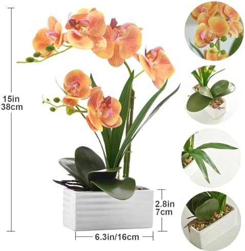 Artificial Real Touch Orchid Flowers with White Ceramic Vase, Orange - Image 2