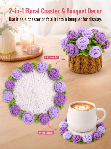 Crochet Flower Bouquet Coasters, Cotton Rose Gifts for Home Decor 4Pcs - Image 6