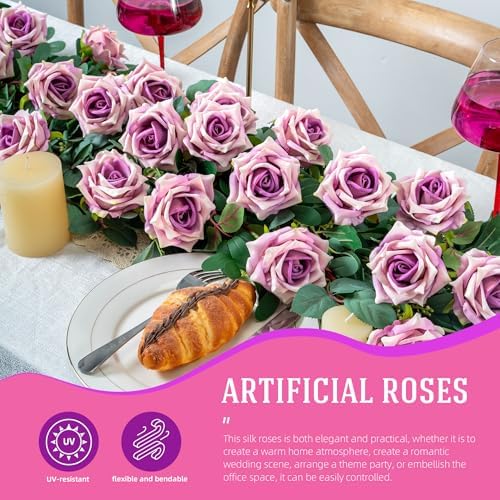 Ttranewsoo 12PCS Artificial Roses with Stems, Realistic Purple Fake Roses, Silk Rose Flowers for Vases, DIY Bouquets, Wedding Centerpieces, Party & Home Decor, 16.5 Inch - Image 5