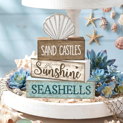 Yuntau 4 Pcs Summer Decorations for Home Beach Block Sign Seashell Display - Image 3