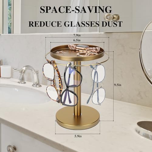 kondyfayo 360° Rotating Sunglass Organizer Storage, Stainless Steel Glasses Holder Stand, Glasses Organizer with Tray for Desk, Dresser, Tabletop, Nightstand and Home Decor (Gold) - Image 6