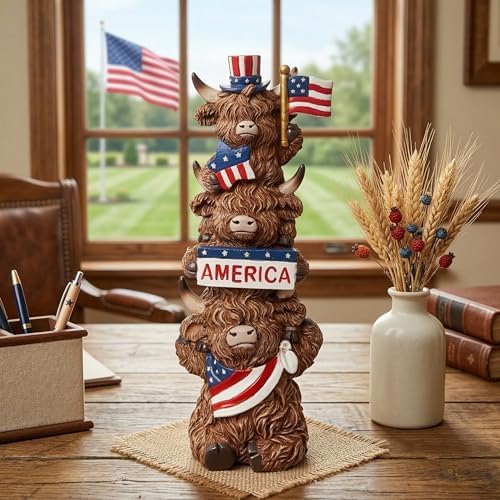 7.09inch Highland Cow 4th of July Decor, Stacked Patriotic Trio Figurine with Star & Stripe Accents, Rustic Resin Figurine for Farmhouse Table Decoration, US 250th Independence Memorial Day Gift - Image 2