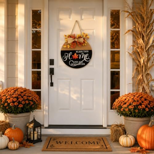 Interchangeable Welcome Sign for Front Door with 4 Seasonal Wreath and 14 Changeable Icons, Bless This Home for Spring Summer Fall Winter All Seasons Holiday, Rustic Round Wood Wreath Door Decoration - Image 4