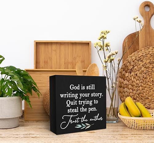 SRADMO God Is Still Writing Your Story Wood Box Sign Desk Decor 6x6, Christian Bible Verse Decor Black Wooden Box for Home Office, Inspirational Table Decorative Accessories (Black) - Image 4